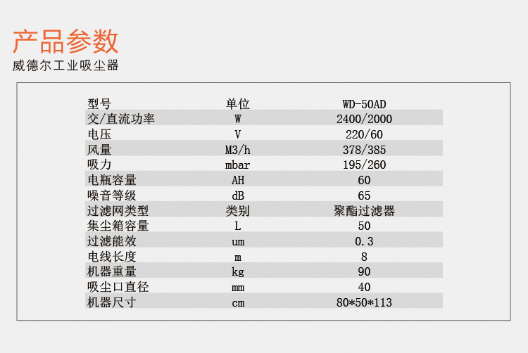 无线工业吸尘器参数表 无线工业吸尘器参数表